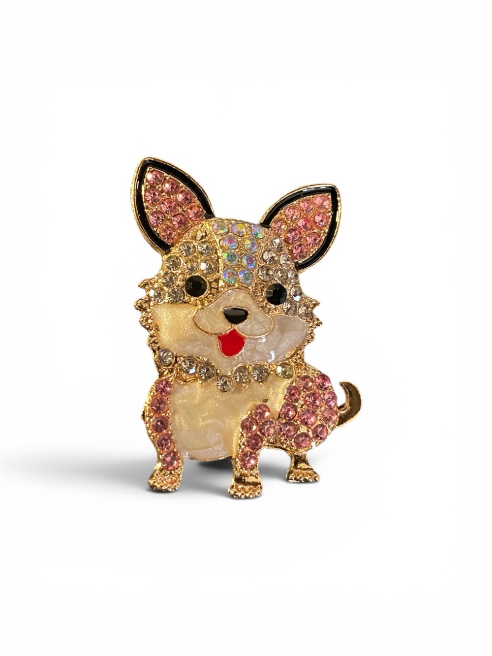 Crystal Chihuahua Dog Brooch - Pink & Gold Rhinestones
